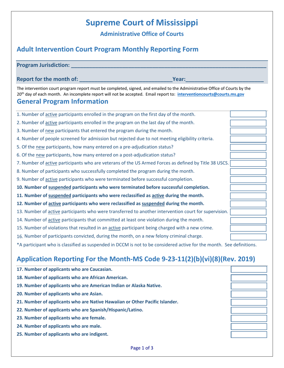 Adult Intervention Court Program Monthly Reporting Form - Mississippi, Page 1