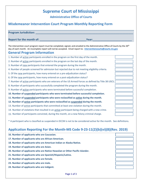 Misdemeanor Intervention Court Program Monthly Reporting Form - Mississippi Download Pdf