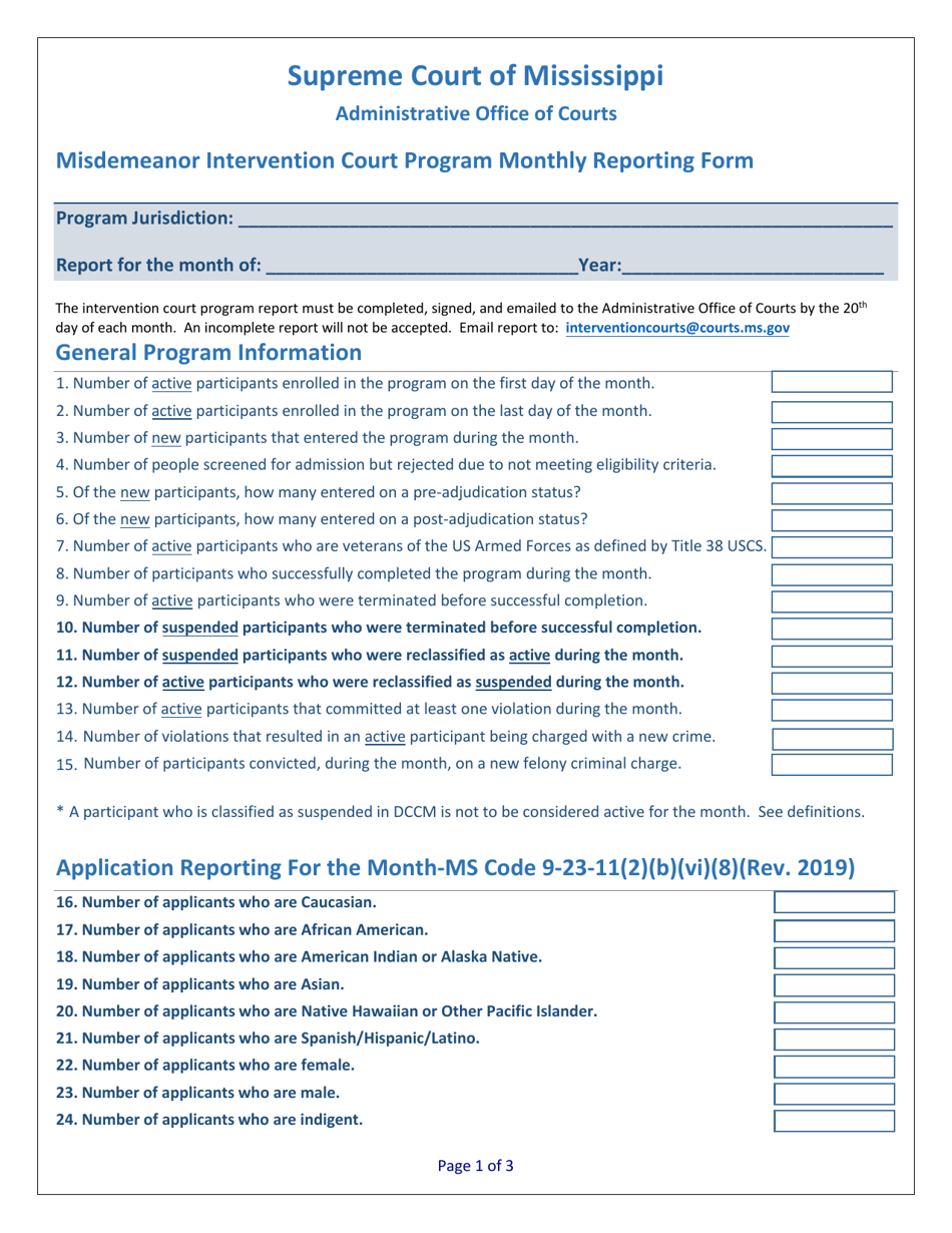 Misdemeanor Intervention Court Program Monthly Reporting Form - Mississippi, Page 1