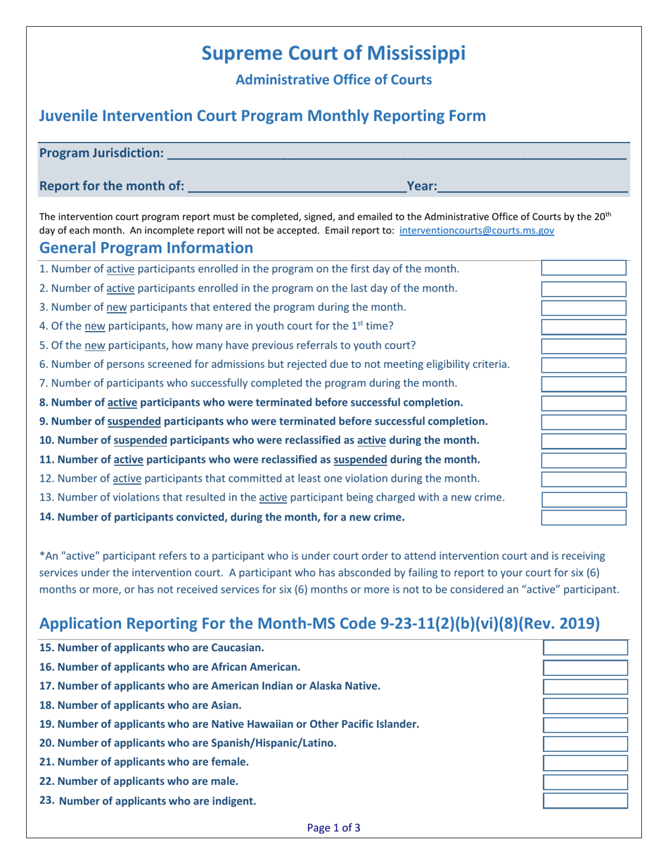 Juvenile Intervention Court Program Monthly Reporting Form - Mississippi, Page 1