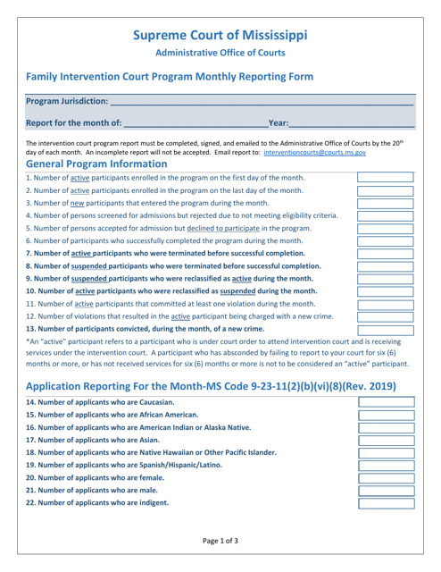 Family Intervention Court Program Monthly Reporting Form - Mississippi Download Pdf