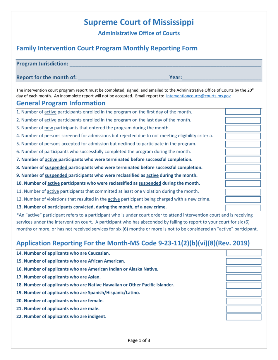 Family Intervention Court Program Monthly Reporting Form - Mississippi, Page 1