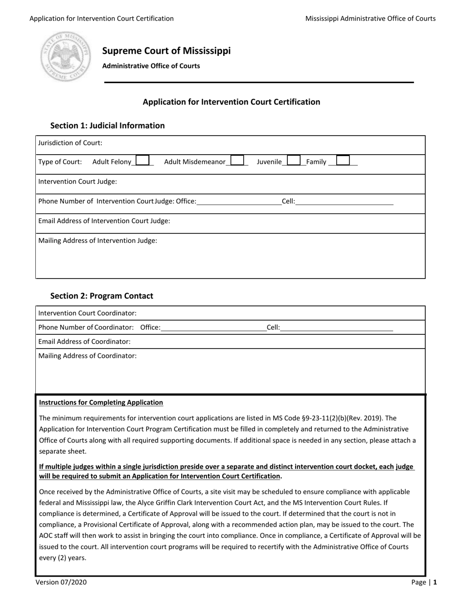 Application for Intervention Court Certification - Mississippi, Page 1