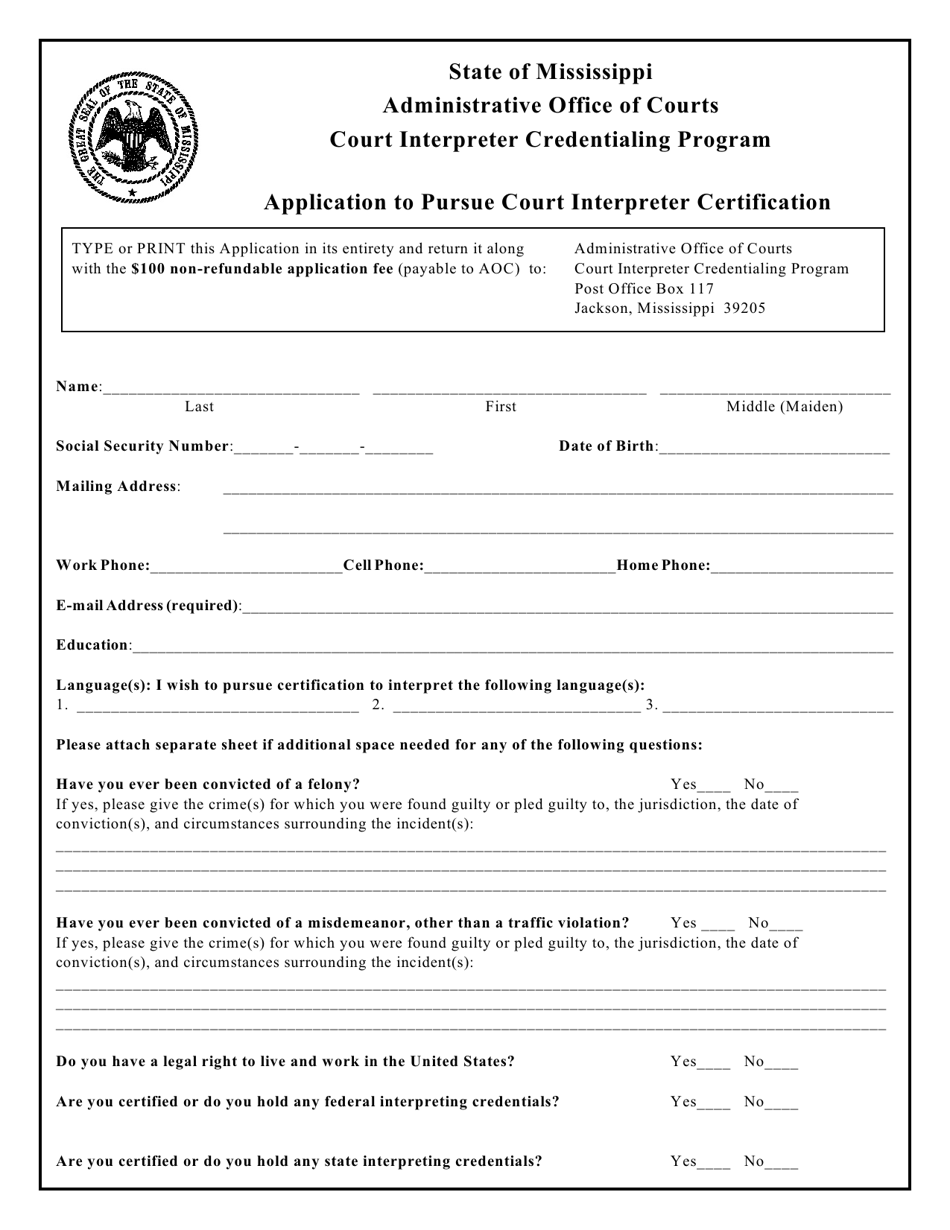 Application to Pursue Court Interpreter Certification - Mississippi, Page 1