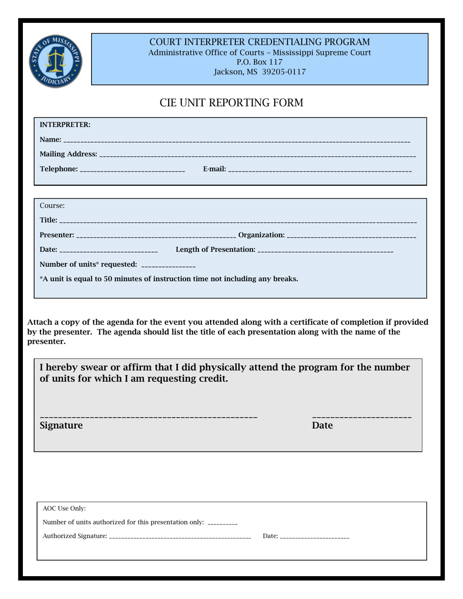 Cie Unit Reporting Form - Mississippi, Page 1
