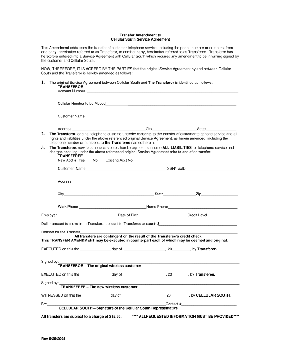 Transfer Amendment to Cellular South Service Agreement - Mississippi, Page 1