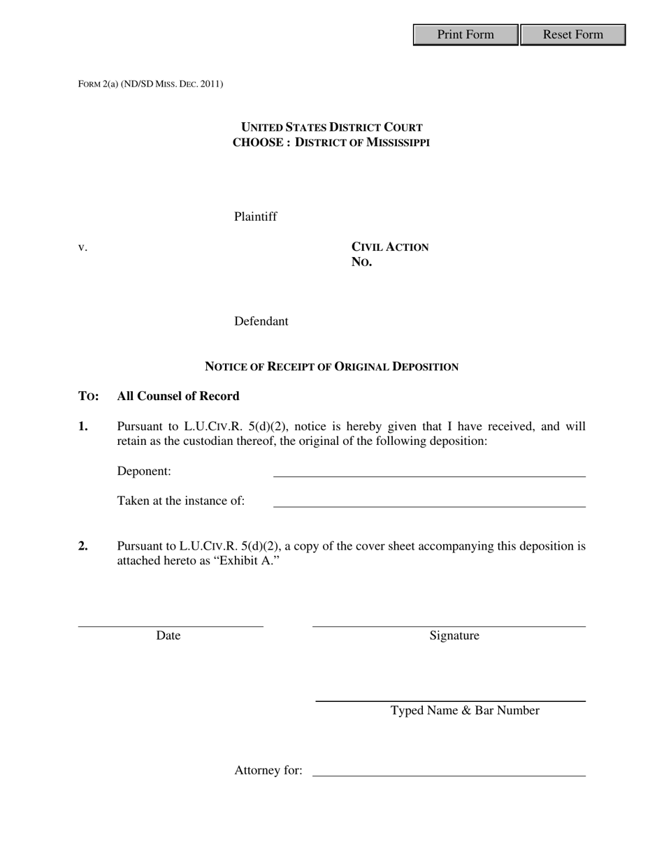 Form 2A Notice of Receipt of Original Deposition - Mississippi, Page 1