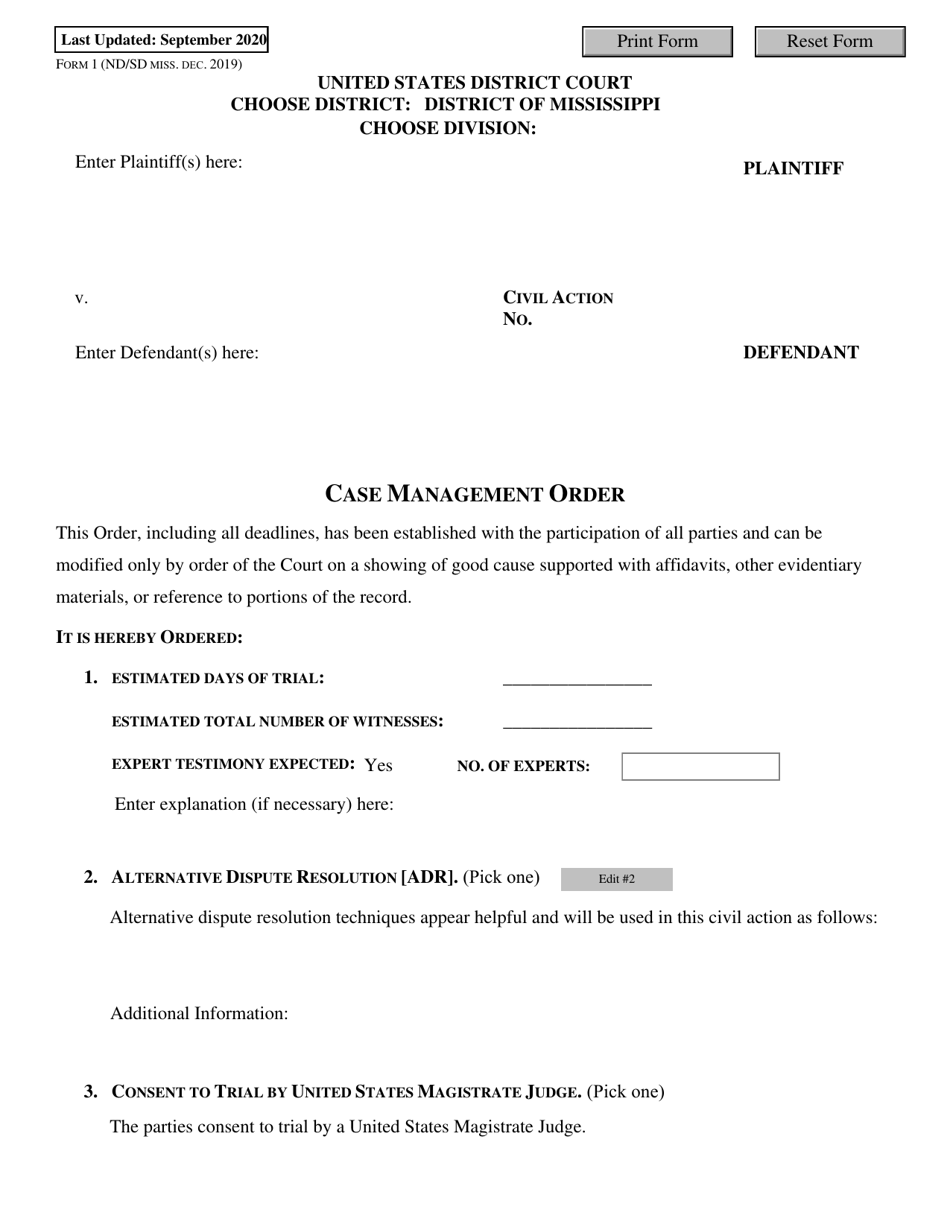 Form 1 Case Management Order - Mississippi, Page 1