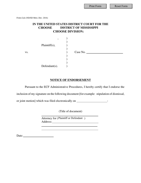 Form 2D Notice of Endorsement - Mississippi