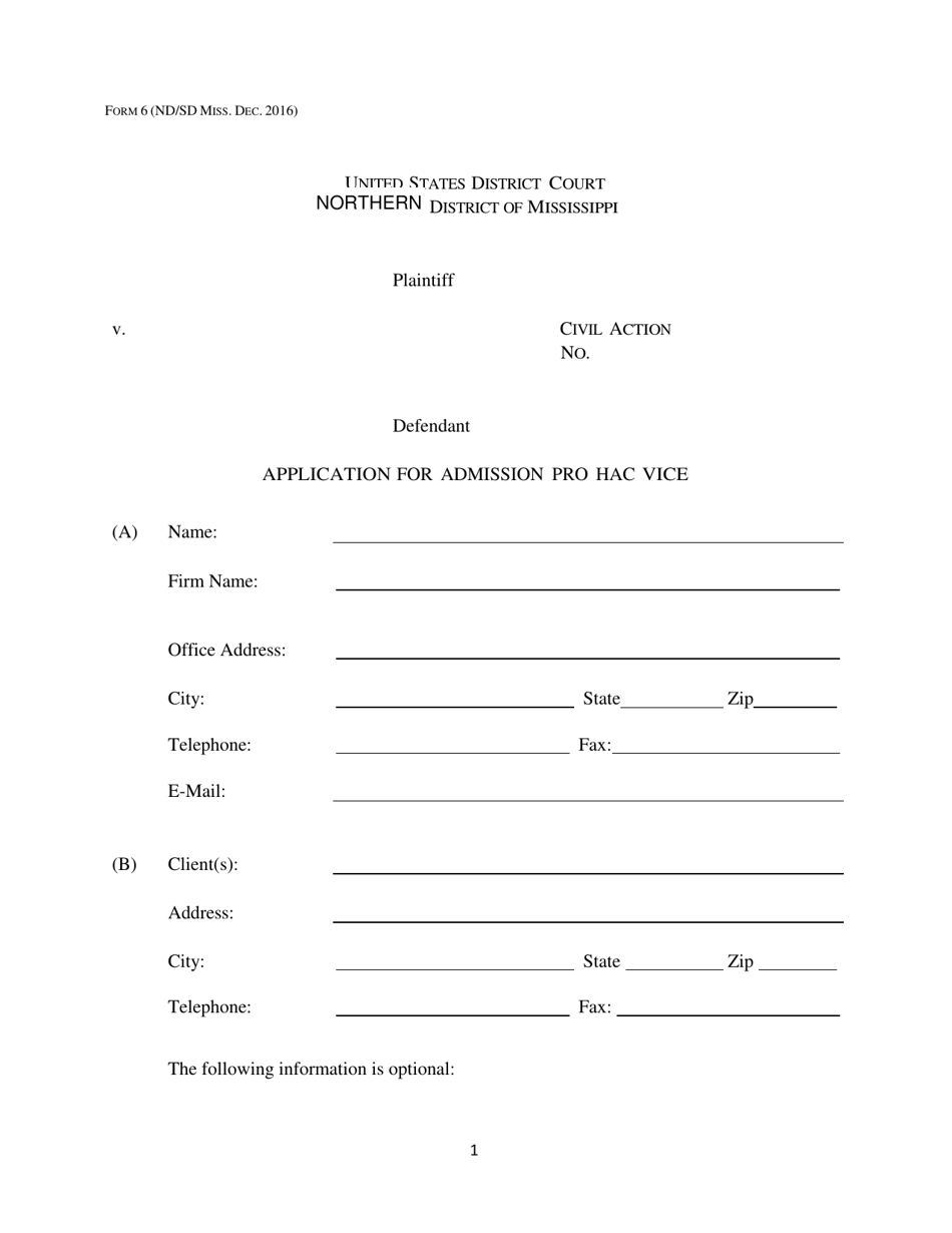 Form 6 Application for Admission Pro Hac Vice - Mississippi, Page 1
