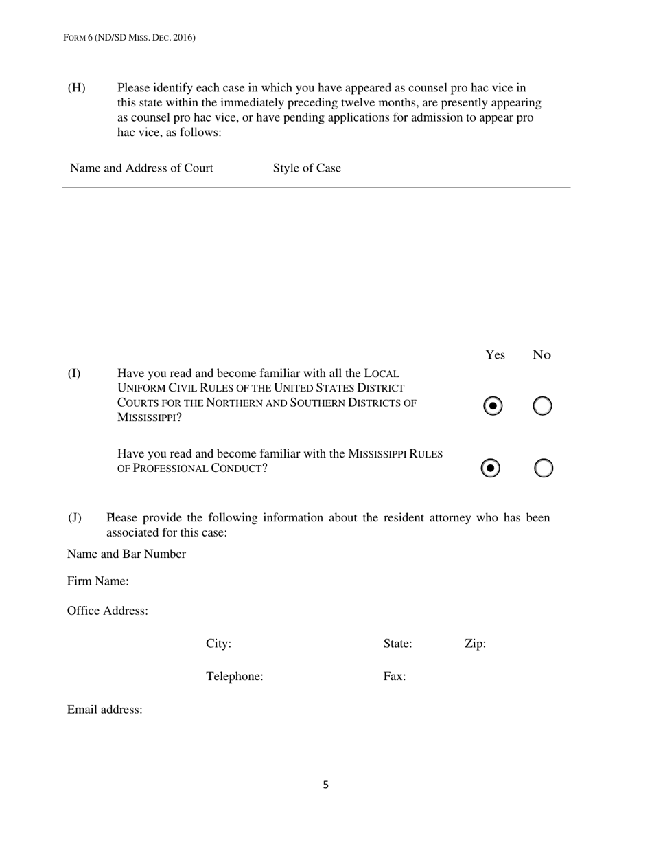 Form 6 Application for Admission Pro Hac Vice - Mississippi, Page 5