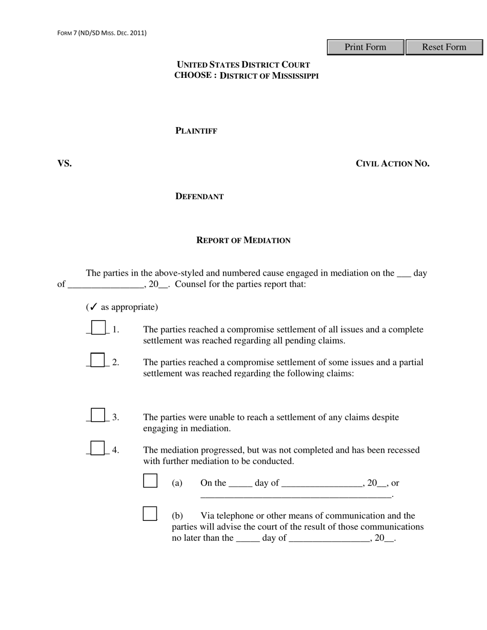 Form 7 Report of Mediation - Mississippi, Page 1