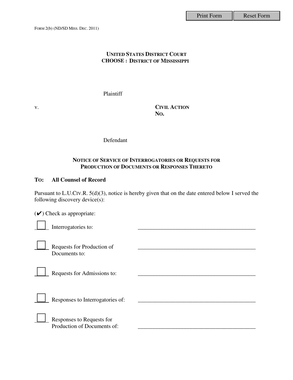 Form 2B Notice of Service of Interrogatories or Requests for Production of Documents or Responses Thereto - Mississippi, Page 1