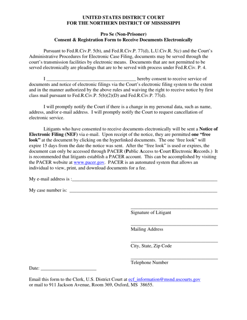 Pro Se (Non-prisoner) Consent & Registration Form to Receive Documents Electronically - Mississippi Download Pdf