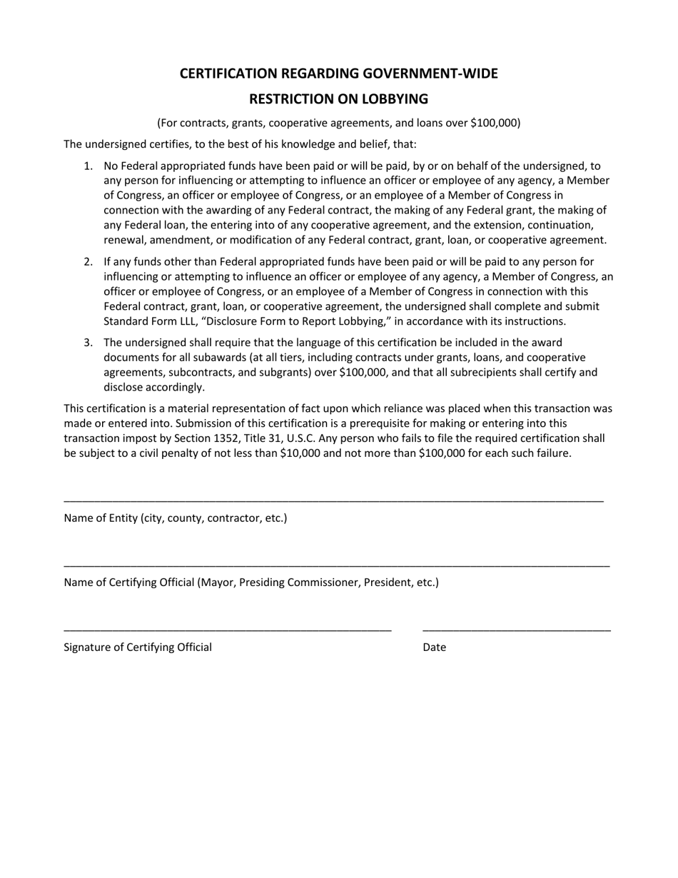 Certification Regarding Government-Wide Restriction on Lobbying - Missouri, Page 1