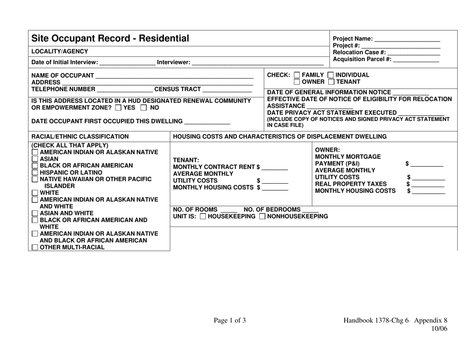 Appendix 8 Site Occupant Record - Residential, Page 1