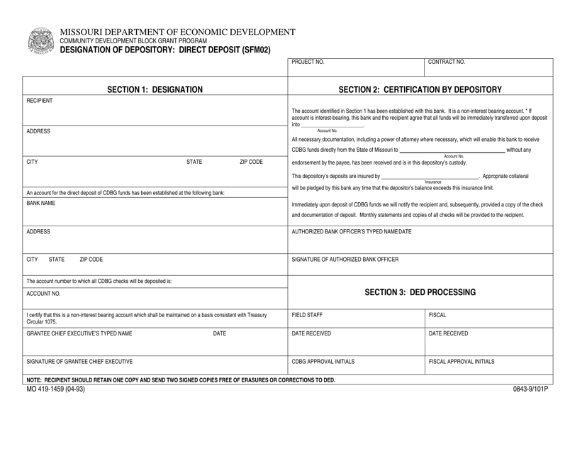 Form SFM02 (MO419-1459) Designation of Depository: Direct Deposit - Missouri