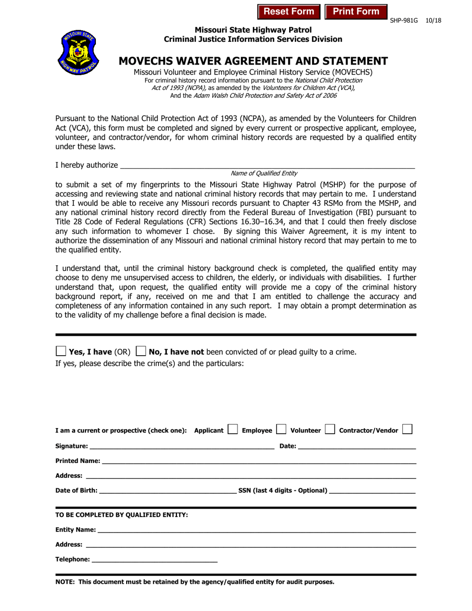 Form SHP-981G Movechs Waiver Agreement and Statement - Missouri, Page 1