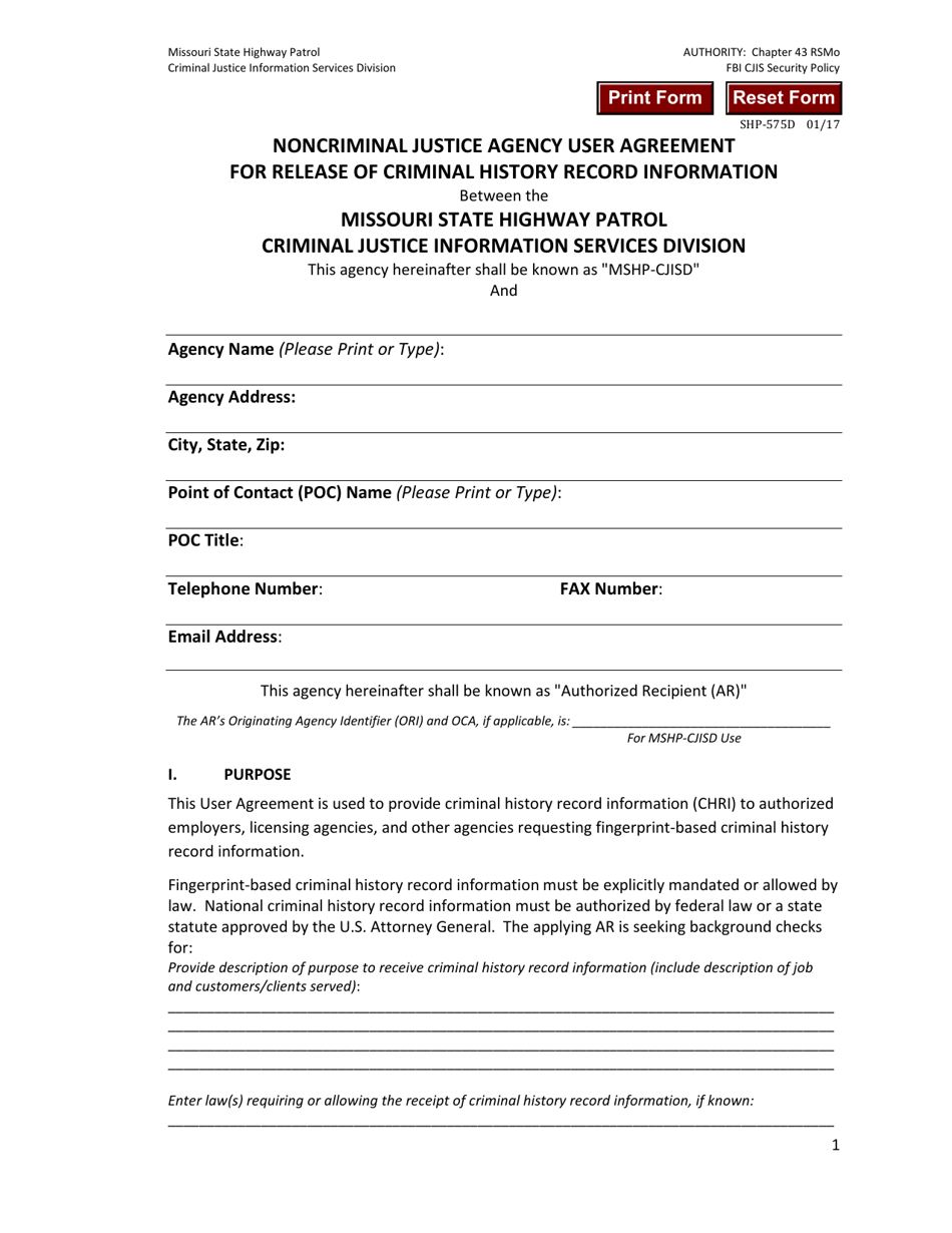 Form SHP-575 Noncriminal Justice Agency User Agreement for Release of Criminal History Record Information - Missouri, Page 1