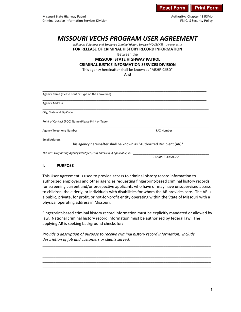 Form SHP-982 Missouri Vechs Program User Agreement - Missouri, Page 1
