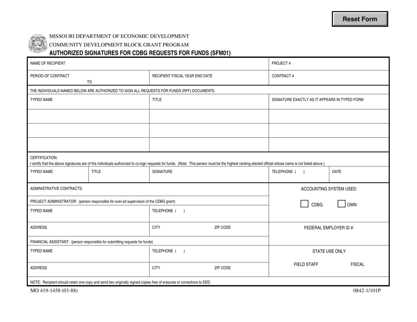 Form SFM01 (MO419-1458) Authorized Signatures for Cdbg Requests for Funds - Missouri