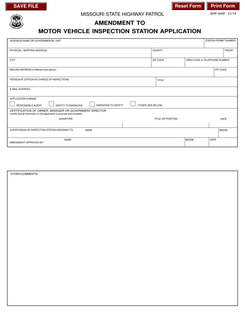 Form SHP-449F Amendment to Motor Vehicle Inspection Station Application - Missouri