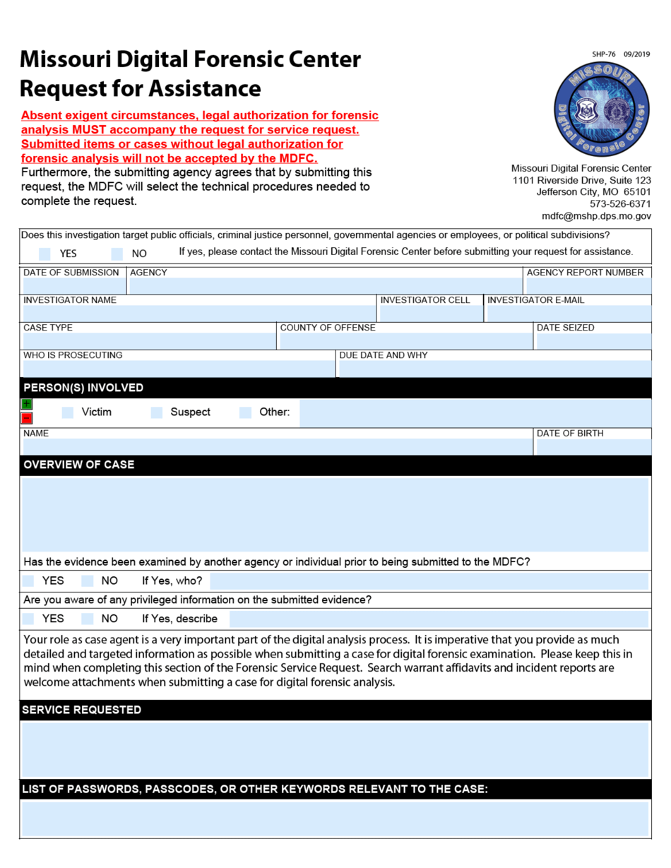 Form SHP-76 Missouri Digital Forensic Center Request for Assistance - Missouri, Page 1
