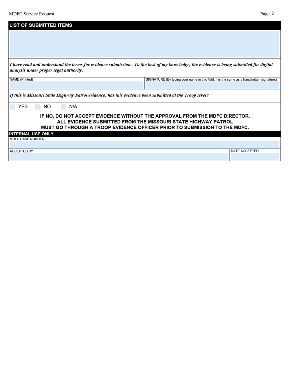 Form SHP-76 Missouri Digital Forensic Center Request for Assistance - Missouri, Page 2