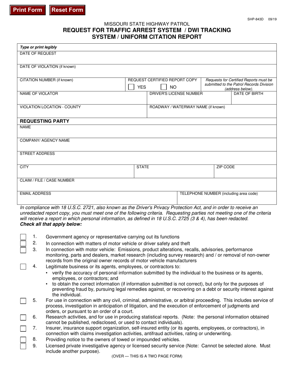 Form SHP-843D Request for Traffic Arrest System / Dwi Tracking System / Uniform Citation Report - Missouri, Page 1