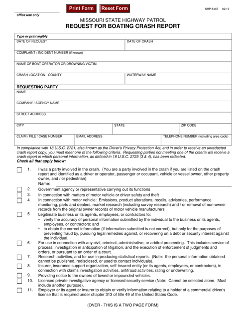 Form SHP-844B Request for Boating Crash Report - Missouri