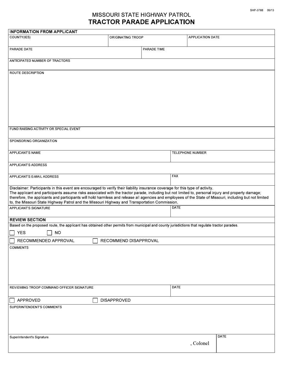 Form SHP-378 Tractor Parade Application - Missouri, Page 1