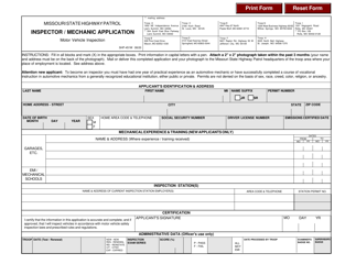 Form SHP-451W &quot;Inspector/Mechanic Application&quot; - Missouri
