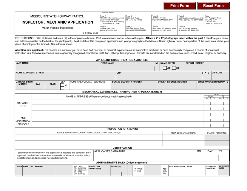 Form SHP-451W Inspector/Mechanic Application - Missouri