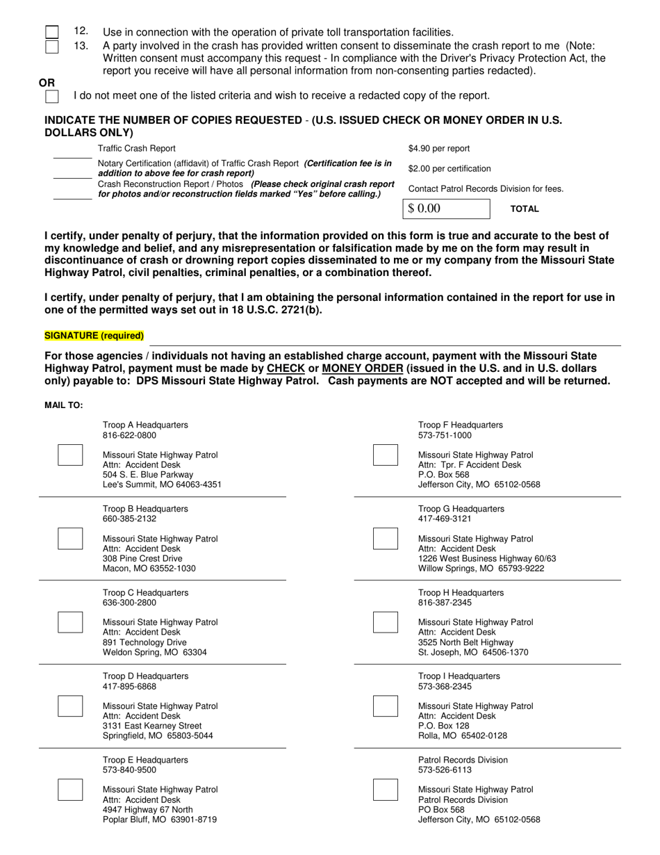 Form SHP-842K Request for Traffic Crash Report - Missouri, Page 2