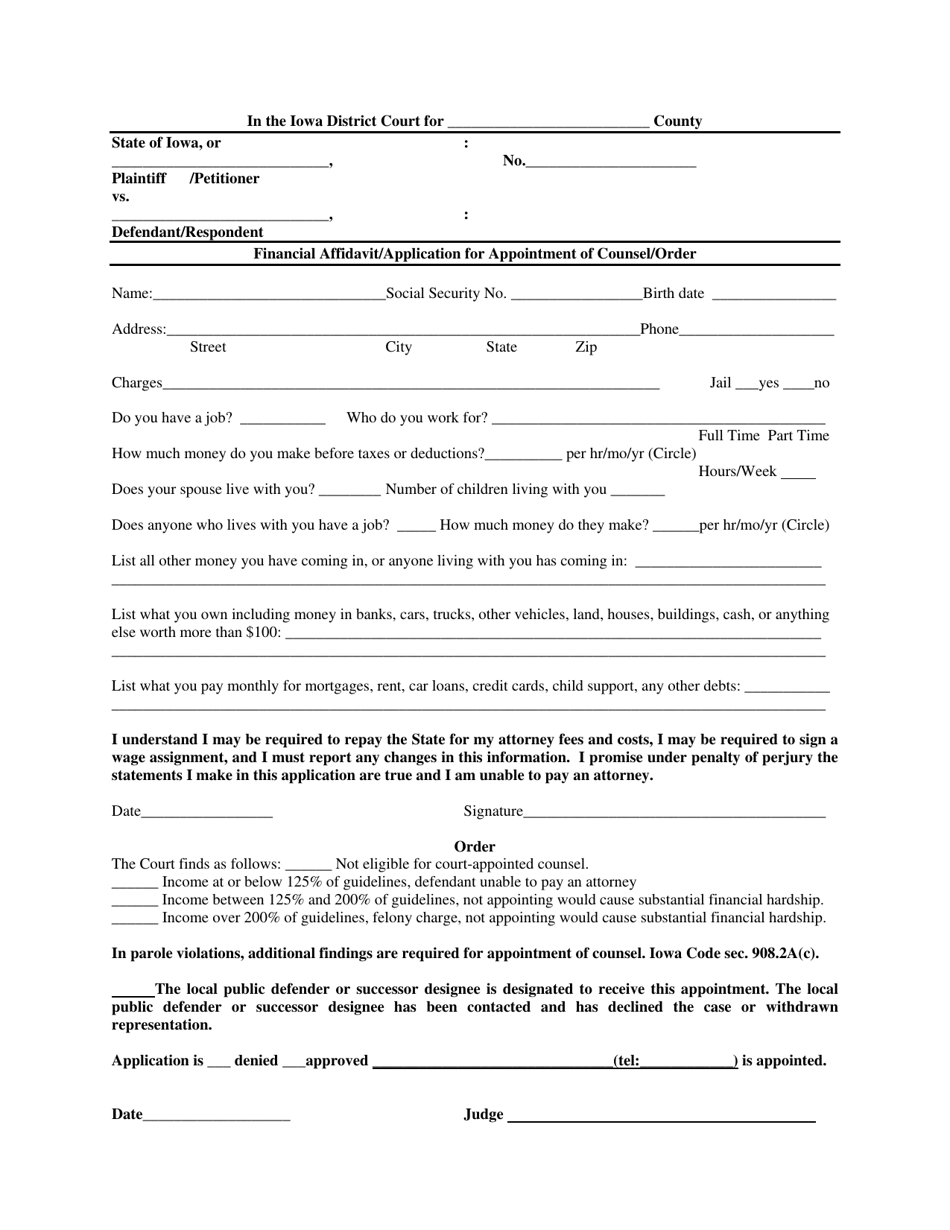 Iowa Financial Affidavit Application For Appointment Of Counsel Order 