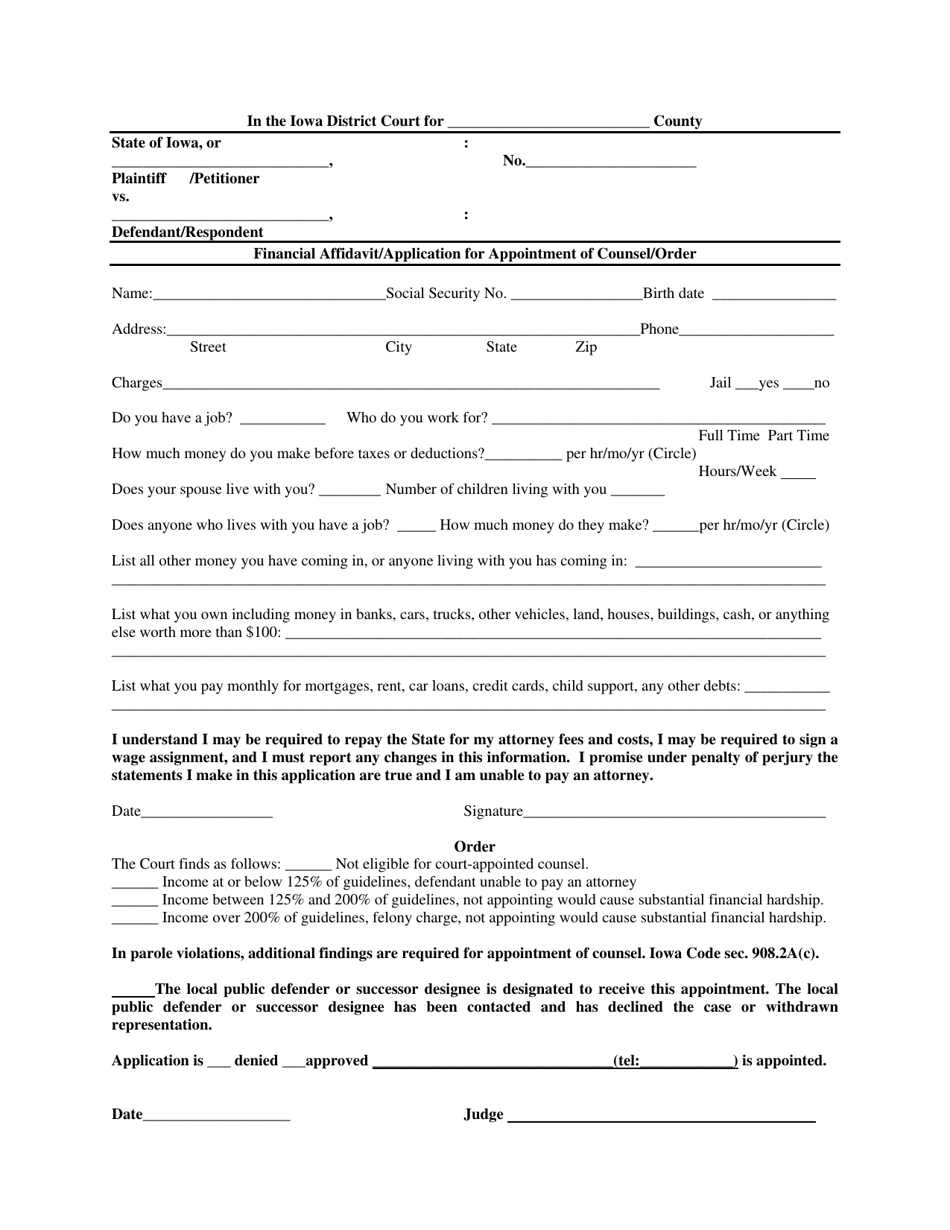 Financial Affidavit / Application for Appointment of Counsel / Order - Iowa, Page 1
