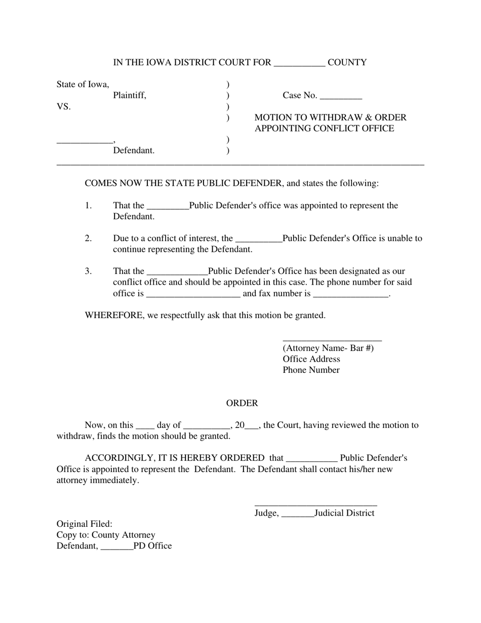 Iowa Motion To Withdraw & Order Appointing Conflict Office - Fill Out ...