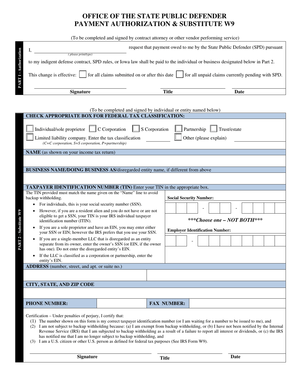 Payment Authorization  Substitute W9 - Iowa, Page 1