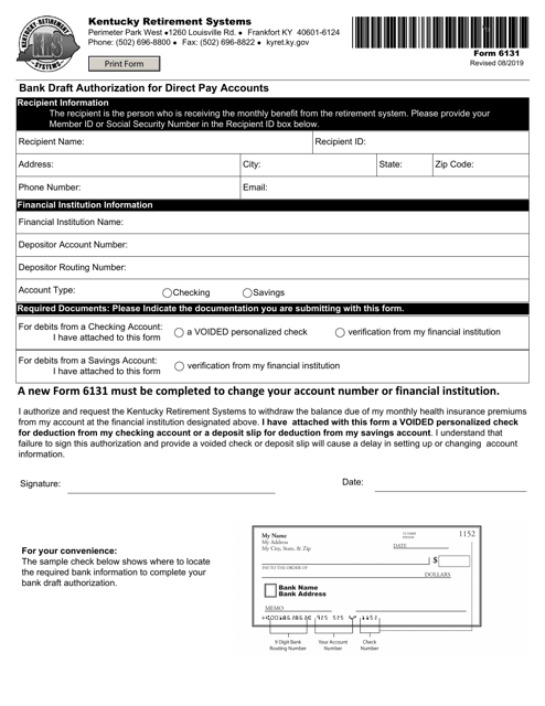 Form 6131 Bank Draft Authorization for Direct Pay Accounts - Kentucky