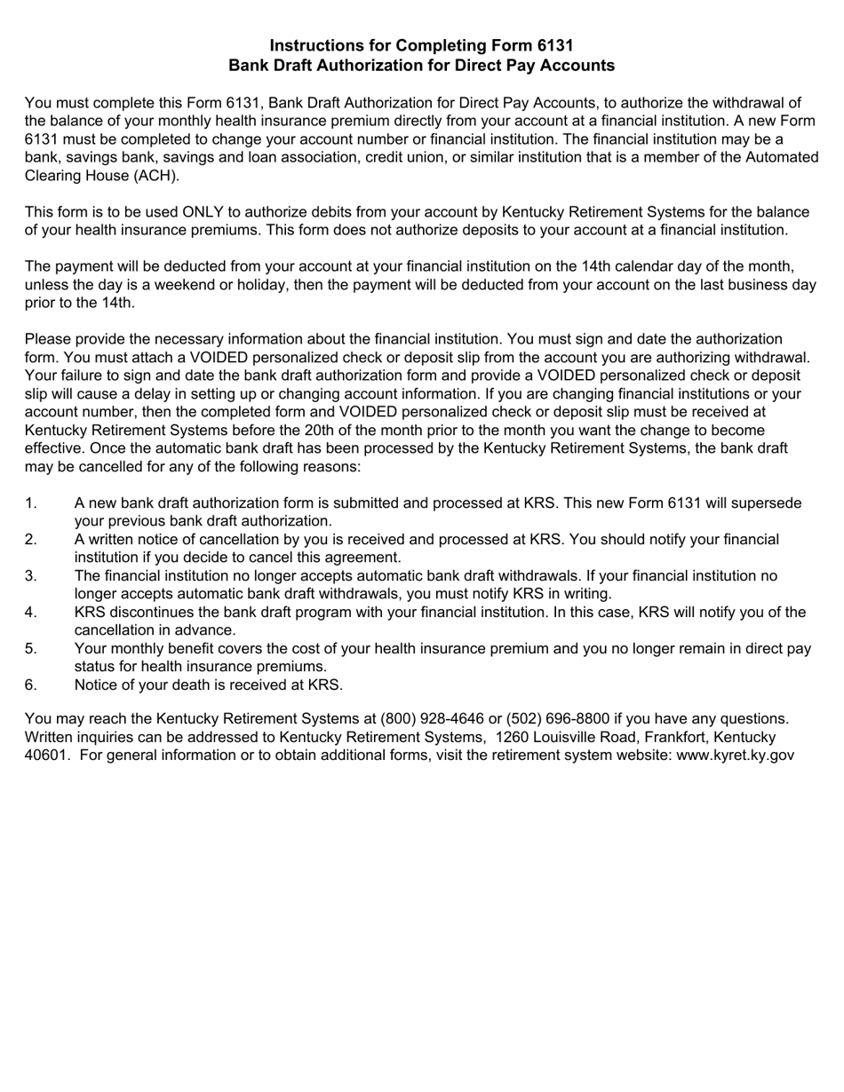 Form 6131 Bank Draft Authorization for Direct Pay Accounts - Kentucky, Page 2