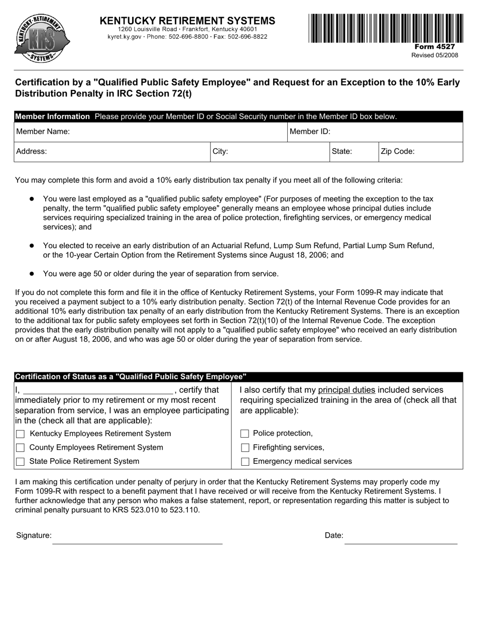 Form 4527 Certification by a qualified Public Safety Employee and Request for an Exception to the 10% Early Distribution Penalty in IRC Section 72(T) - Kentucky, Page 1
