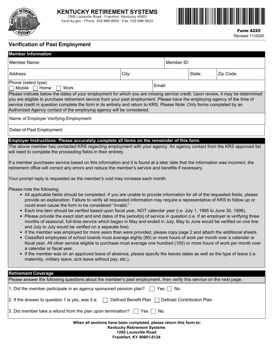 Form 4225 Verification of Past Employment - Kentucky, Page 1