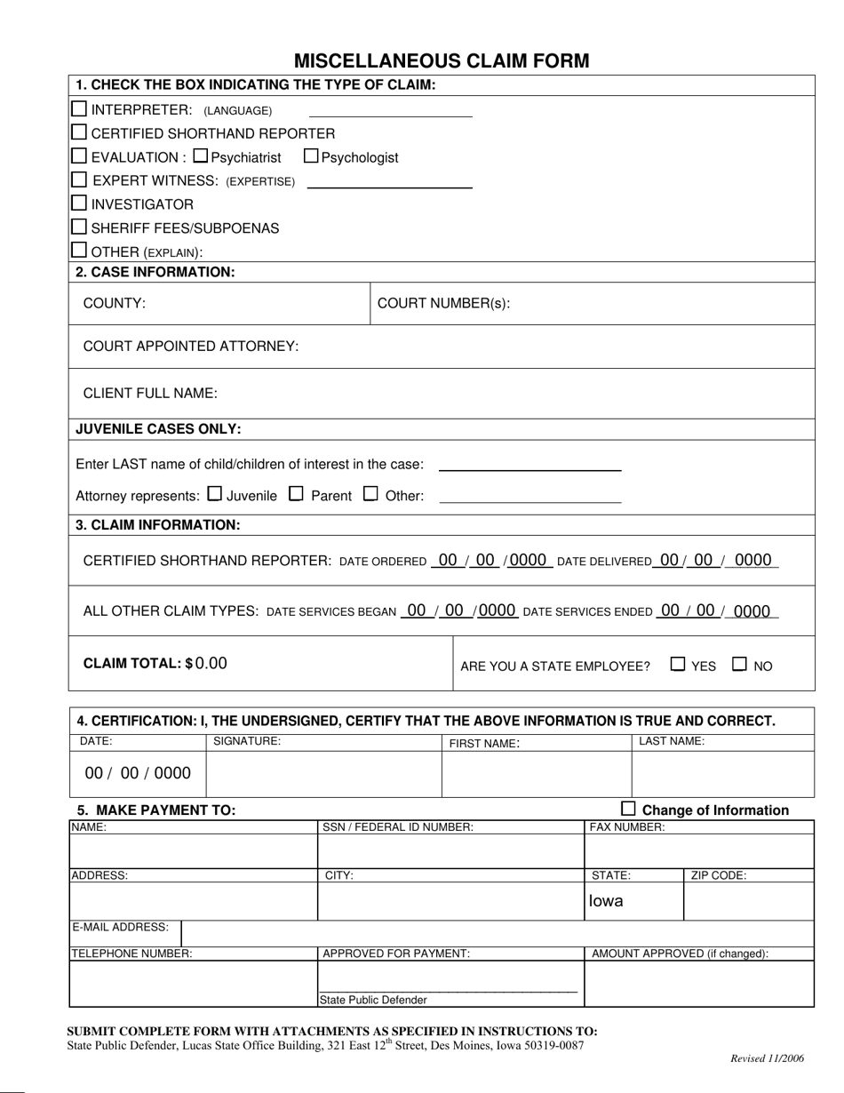 Miscellaneous Claim Form - Iowa, Page 1