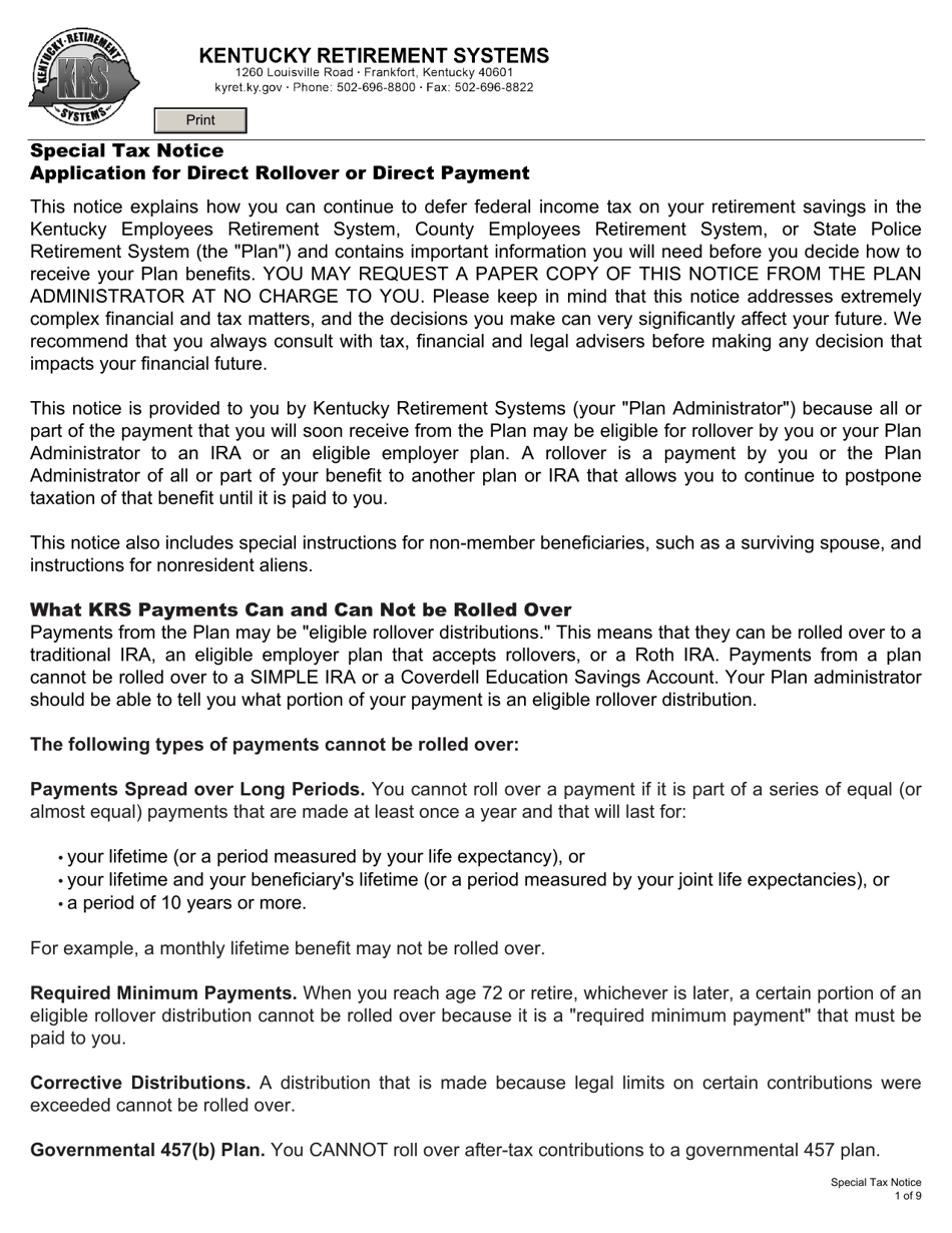 Form 6025 Direct Rollover / Direct Payment Election Form for a Member or a Beneficiary of an Eligible Rollover Distribution - Kentucky, Page 3