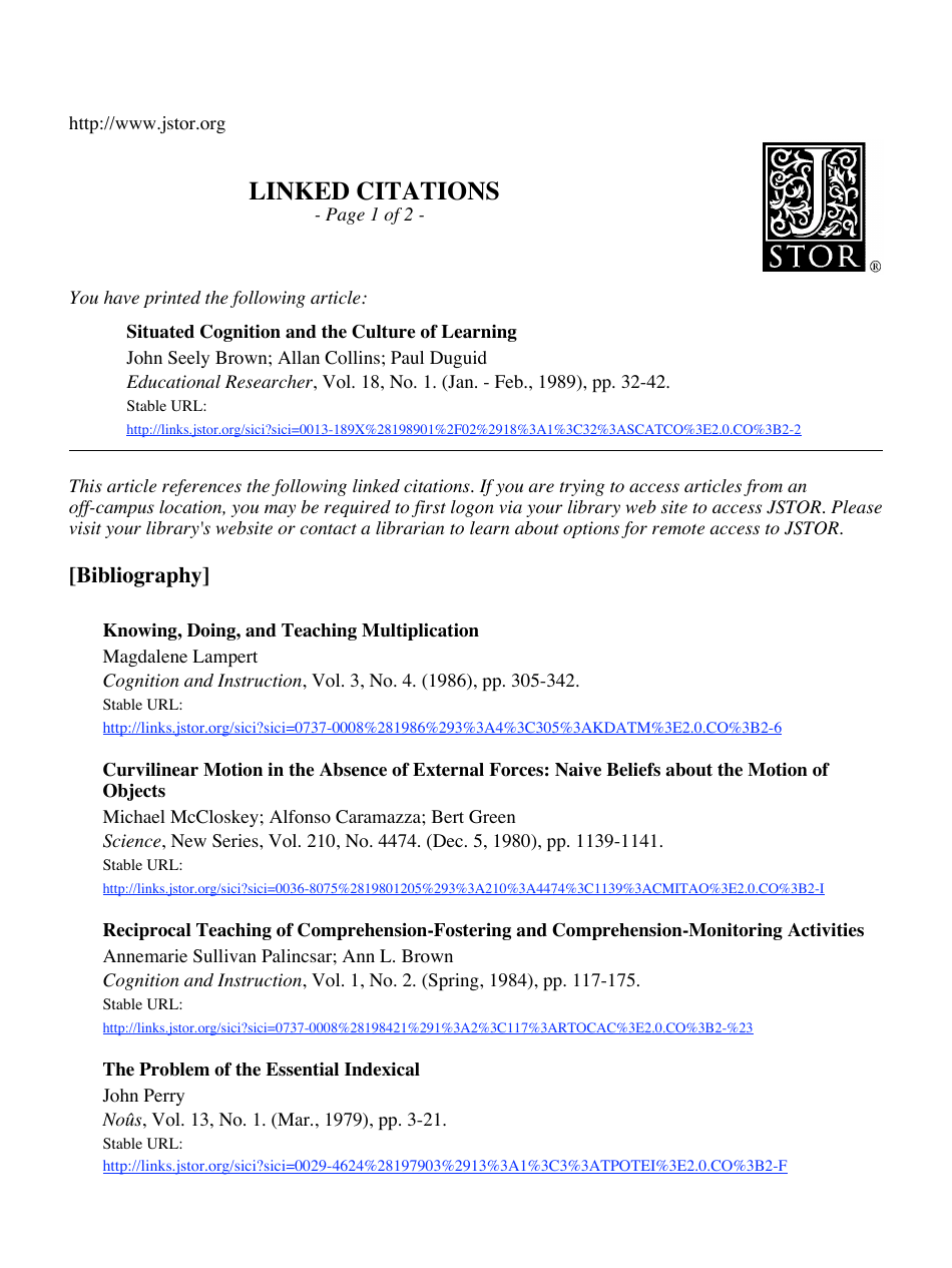 Situated Cognition and the Culture of Learning - John Seely Brown, Allan Collins, Paul Duguid, Page 13