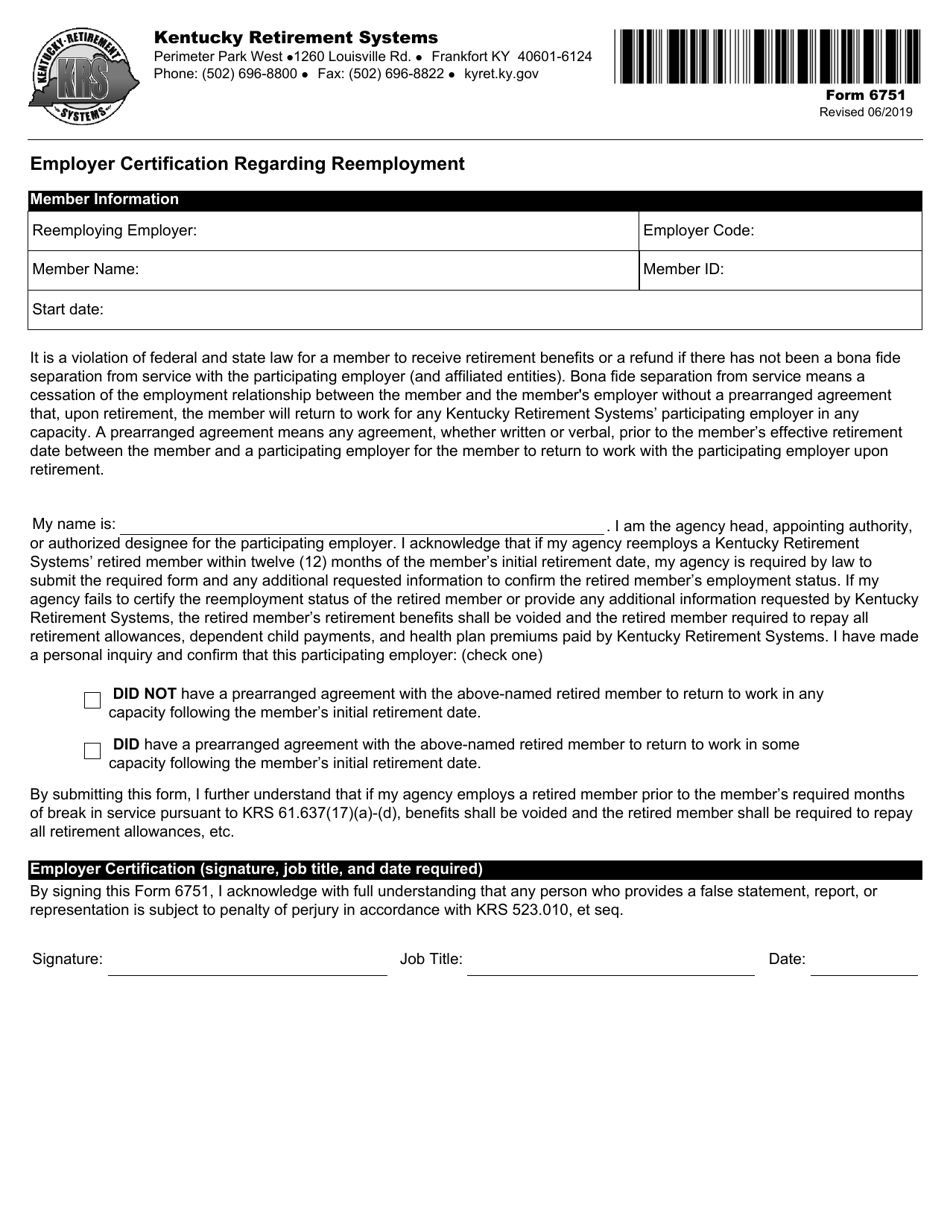 Form 6751 Employer Certification Regarding Reemployment - Kentucky, Page 1