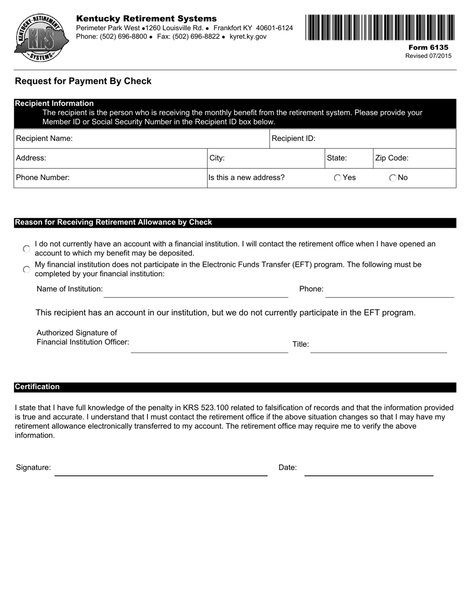 Form 6135 Request for Payment by Check - Kentucky, Page 1