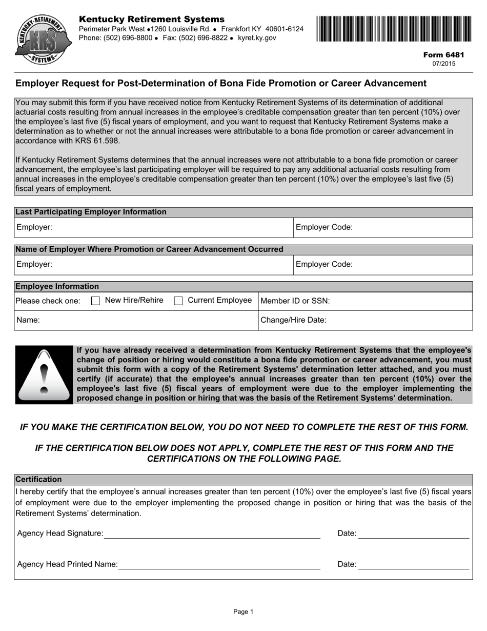Form 6481 Employer Request for Post-determination of Bona Fide Promotion or Career Advancement - Kentucky, Page 3
