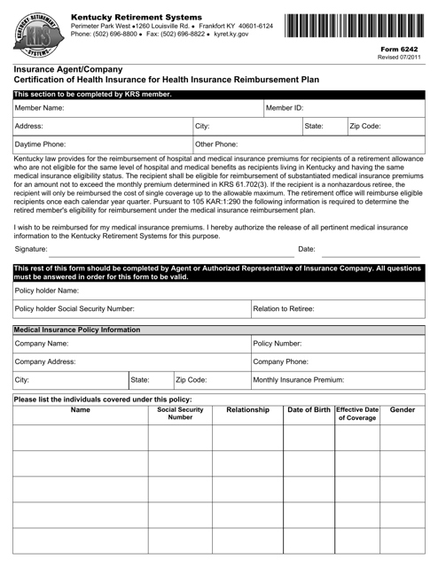 Form 6242 Insurance Agent/Company Certification of Health Insurance for Health Insurance Reimbursement Plan - Kentucky