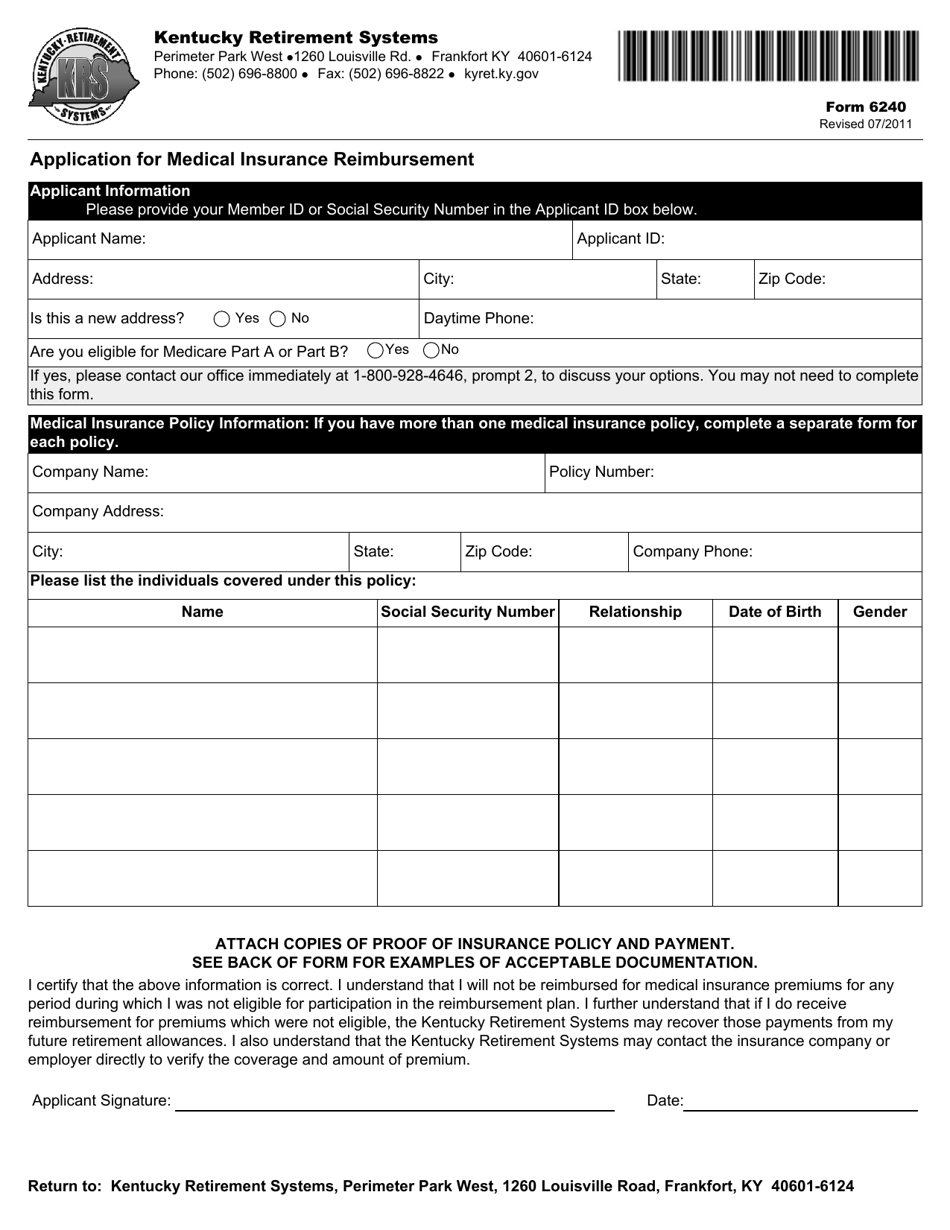 Form 6240 Application for Medical Insurance Reimbursement - Kentucky, Page 1